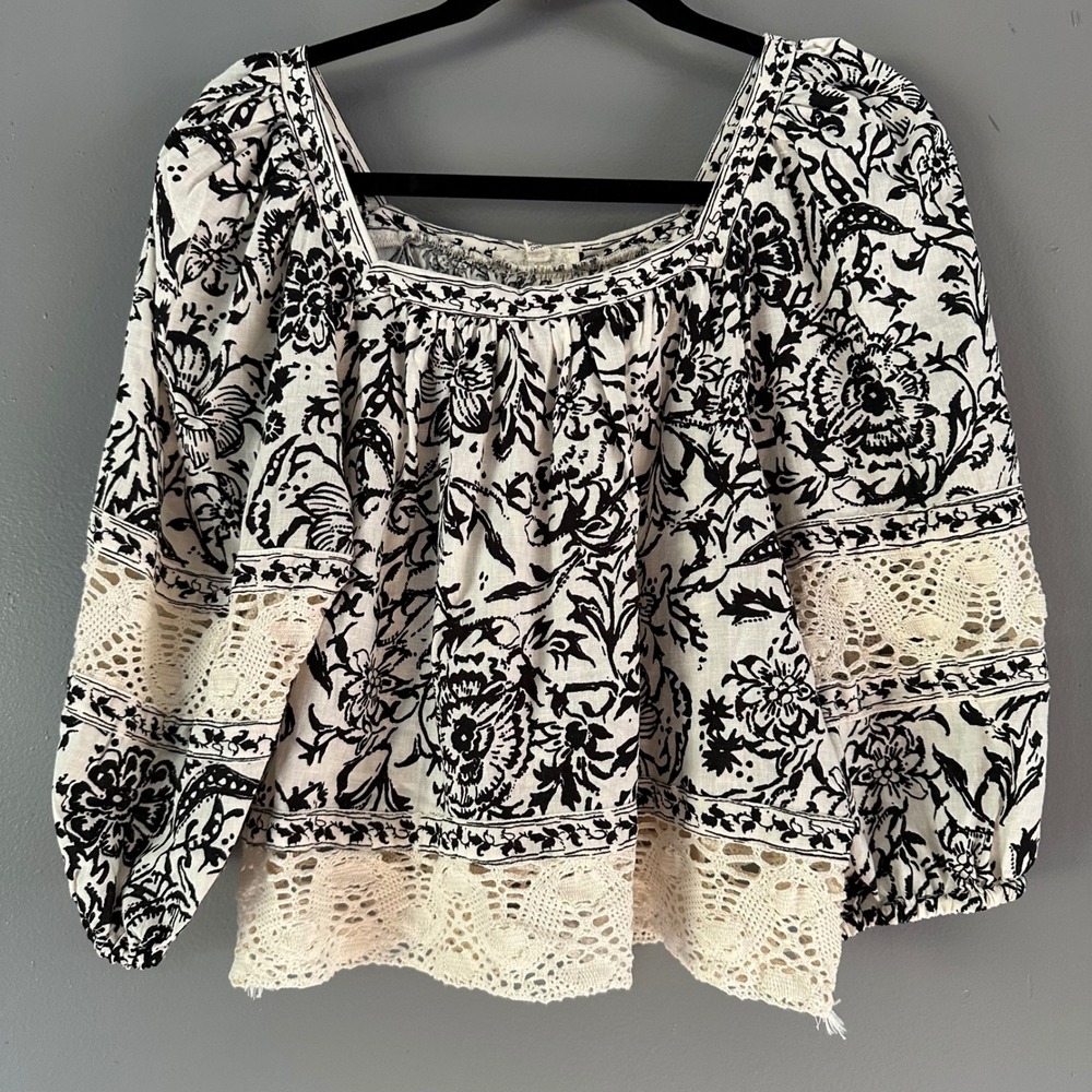 Christian Siriano New York Linen Blend‎ Square Neck Eyelet Lace Trim Blouse